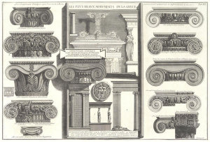 Giovanni Battista Piranesi - Various Roman Ionic capitals compared with Greek examples from Le Roy [S. Maria in Trastevere, S. Paoplo fuori le Mura, S. Clemente, etc.]
