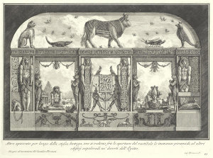 Giovanni Battista Piranesi - Egyptian decoration of the Caffè degli Inglesi: Animals on the cornice, including a bull at the center, 1769