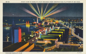 Curt Teich, C.T. Art-Colortone - Night View of World's Fair Grounds from Observation Platform of Sky Ride, Chicago World's Fair, 1933
