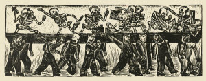 Everardo Ramírez - Workers supporting calaveras (skeletons) on a beam (prostitute calaveras)