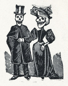 José Guadalupe Posada - Elegantly dressed male and female skeletons arm in arm (vignette for the feast of the dead), ca. 1894
