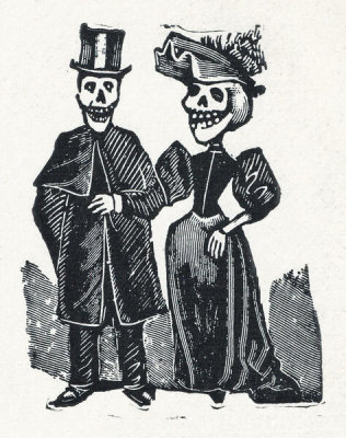 José Guadalupe Posada - Elegantly dressed male and female skeletons arm in arm (vignette for the feast of the dead), ca. 1894